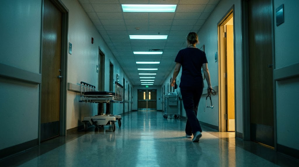 Empty hospital corridor at 4am, fluorescent lights, single nurse walking away in the distance