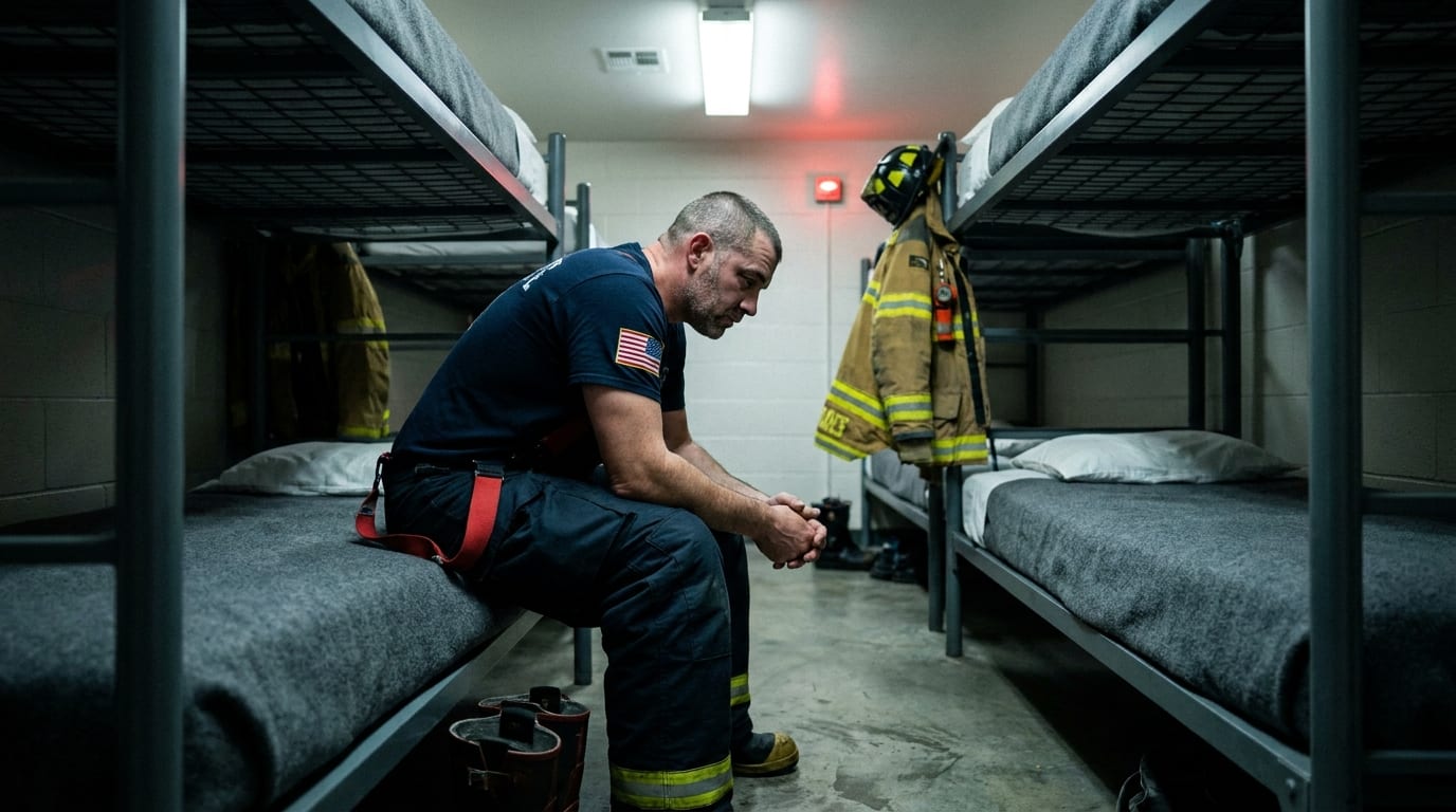 Firefighter alone in a fire station bunk room at 3am, turnout gear hanging on the wall behind him