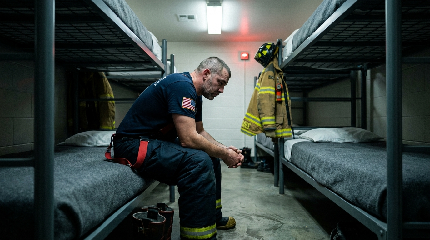 Firefighter alone in fire station bunk room at 3am, turnout gear hanging on the wall behind him